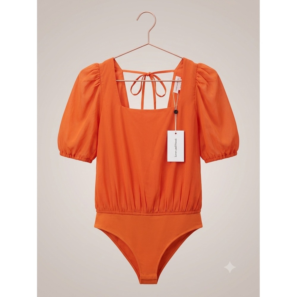 Lovers and Friends Orange Puff Sleeve Bodysuit Square Neck Open Back NWT Small